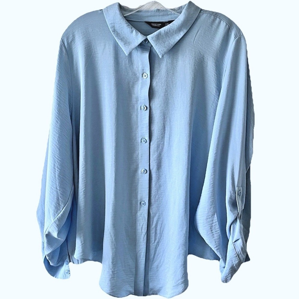 Simply Vera Wang Women's Blouse XXL Blue L/S Roll Tab Button Up Tie Bottom Shirt